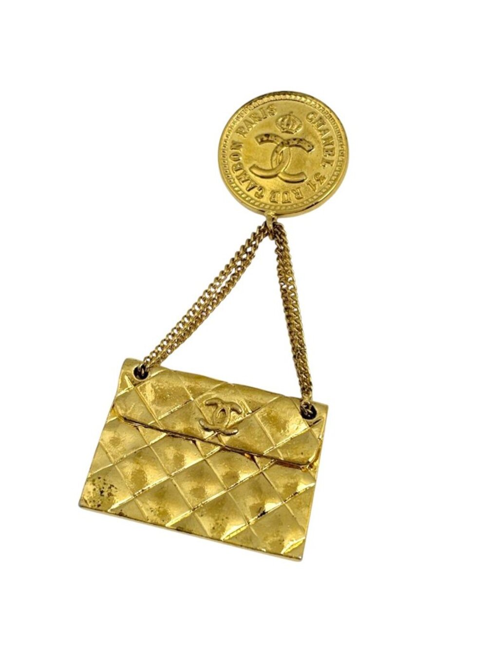 Chanel Brooch CC Logo Quilted Swing Gold Plated